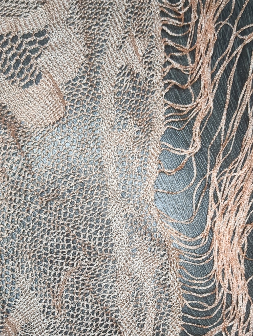 Vintage 60s Peach Sheer Floral Lace Shawl Fringe Edges Long Elegant Wrap - Picture 8 of 8